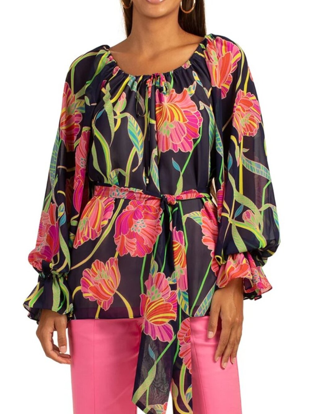 Trina Turk 'Grace' Belted-Waist Floral-Print Top, Ink Blue Multi